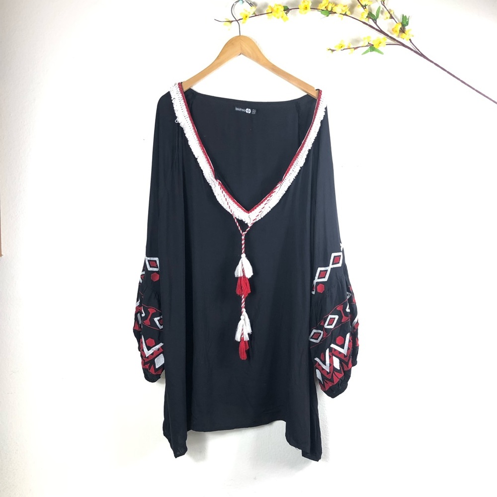 Boohoo Assymetrical Batwing Boho Blouse Tassel